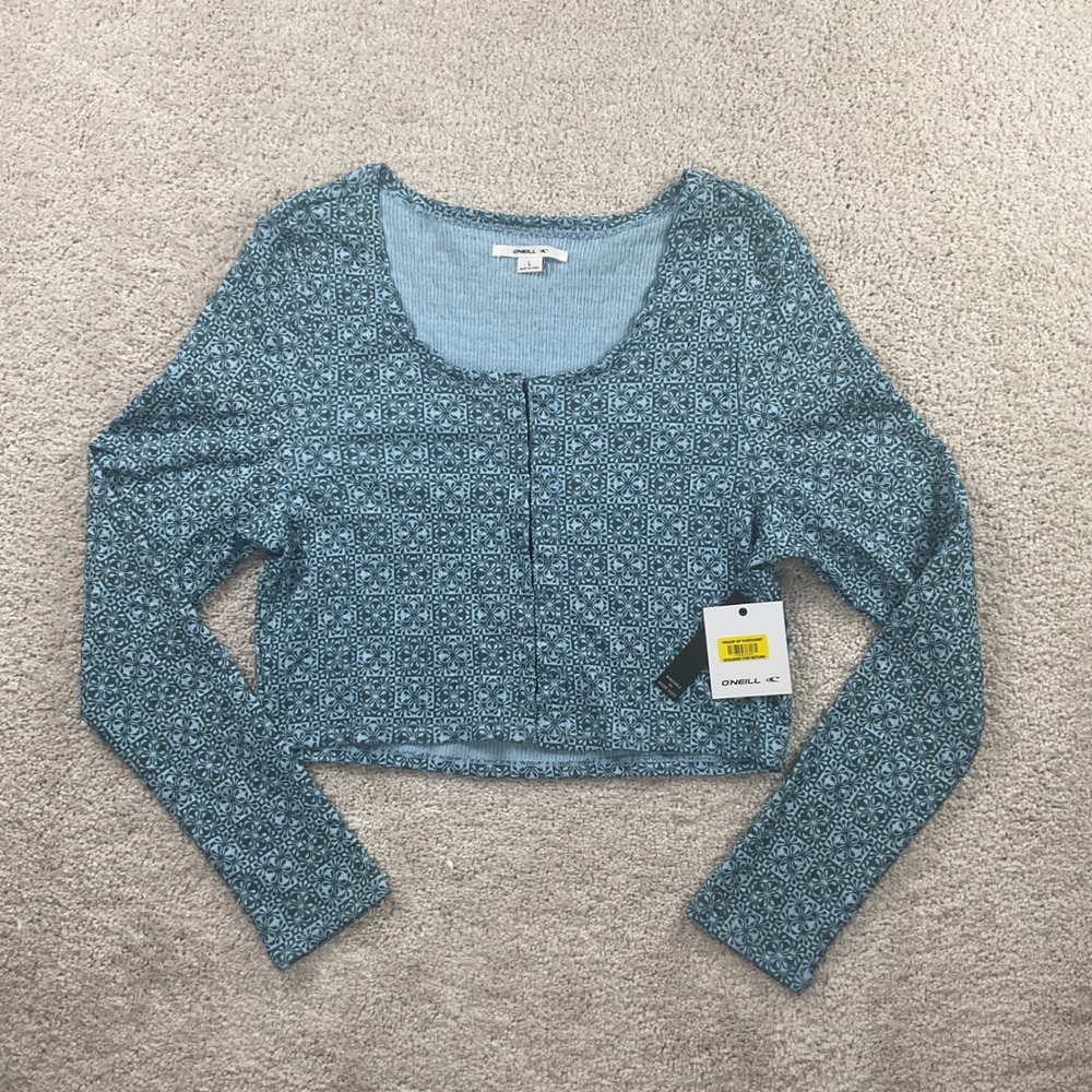 ONeill Raissa Blue Geometric Floral Ribbed Crop‎ Top Long Sleeve Hook Eye Large